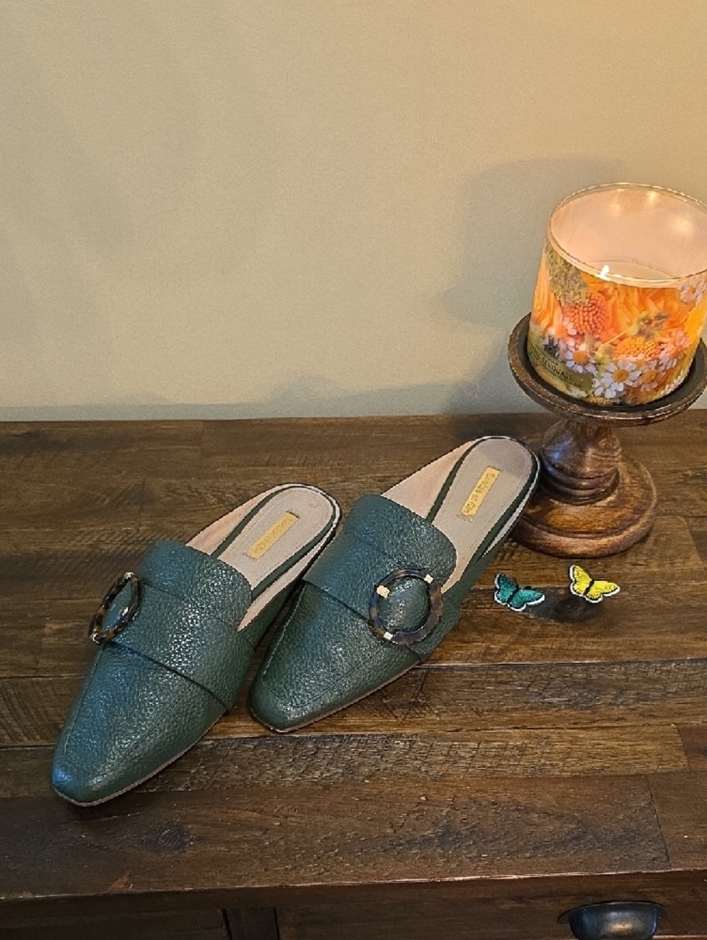 Louise et Cie Dark Green Leather Slide Mules with Tortoise Buckle